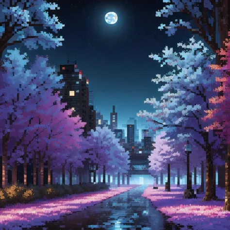 ((紫粉 City : 1.5)), (masterpiece), ( is the best quality: 1.0), ( Ultra High Resolution : 1.0), Detailed illustrations, Detailed Scenery , vibrant colors 紫粉 walking through the city, 8 K, night, Moon Clouds , ((magic, beautiful , Trees: 1.4 )), (( is the be...