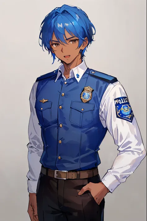 ((handsome man)), (((masculine:1.2))), (muscular:1.1), (open mouth, gentle smile), Argentina, ((1 male)), ((cowboy shot)), (((facing viewer, looking viewer))), standing straight, (brown eyes, (Jitome), ((blue hair)), ((police uniform, black pants)), (gray ...