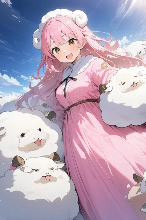 masterpiece,  best quality, 8k,,  Vivid , woman, Young woman, smile, cute, angle,  open your mouth,  long hair is fluffy,   sheep-like hair,  Pink Hair,,  dress,  pink clothes ,  long skirt,  Cardigans ,  light blue Cardigans  , Brown shoes, ((sheep, Big f...