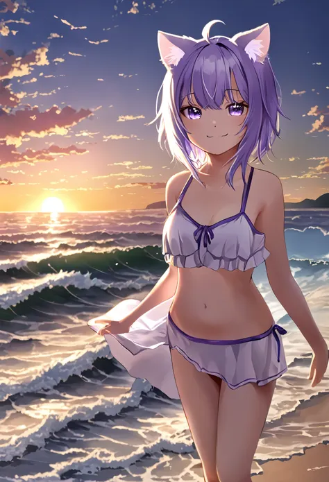 1 girl、hololive、Nekomata okayu、 animal ears 、solo、Purple Eyes、Purple Hair、Cat ears、ahoge、 animal ears の綿毛、chest、Hair between the eyes、Cat Girl、evening、beach、sunset、bikini、 swimsuit、 flip flops through the waves、左手で flip flops through the wavesを持っている、wind、右...