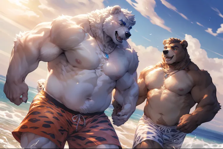 (By Empty Ghost, From thebigslick, By Dark Gem, Will chase), High-quality photos, Perfect anatomical structure, (duo:1.6), (bear print), bara bear, bear, 30, gay, lover, (white fur:1.3), (white massive pectoral muscles), strong physique, chubby, cute, perf...