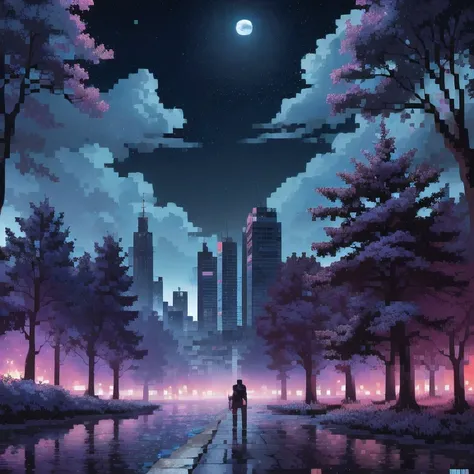 ((紫粉 City : 1.5)), (masterpiece), ( is the best quality: 1.0), ( Ultra High Resolution : 1.0), Detailed illustrations, Detailed Scenery , vibrant colors 紫粉 walking through the city, 8 K, night, Moon Clouds , ((magic, beautiful , Trees: 1.4 )), (( is the be...