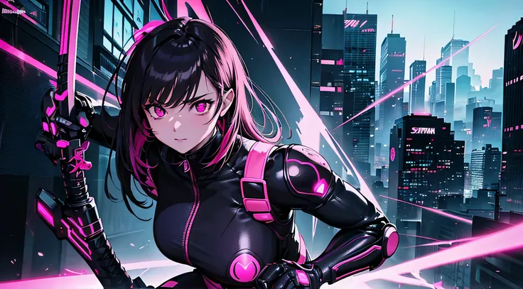 ultra-detailed,4K resolution,180mm film,A pink and black cyberpunk female ninja with glowing katana and huge syuriken. The cyberpunk landscape adds a futuristic touch to the assassin character.