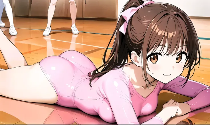 an anime girl lying on a wooden hard floor in a pink vest, 1girl, pink leotard, athletic leotard, solo, lying, on stomach, brown hair, leotard, wooden floor, smile, ponytail, brown eyes, looking at viewer, ass, barefoot, long hair, bow