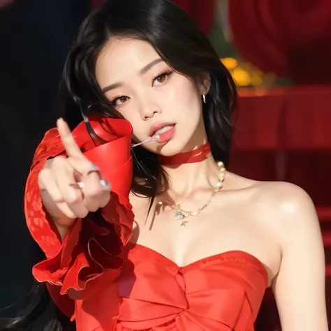 A close-up of a woman in a red dress holding a red object, Blackpink Jennie, roseanne park of blackpink, Gongbi, jossi de blackpink, jisoo of blackpink, jisoo of blackpink, JIA, Sha Xi, Korean Idol, heonhwa choe, iu lee ji-eun as a super villain, Parque Ji...