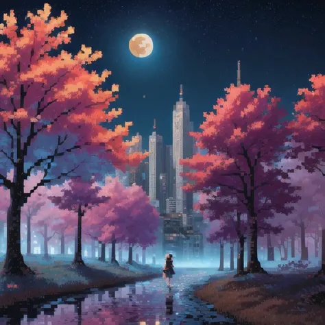 ((紫粉 City : 1.5)), (masterpiece), ( is the best quality: 1.0), ( Ultra High Resolution : 1.0), Detailed illustrations, Detailed Scenery , vibrant colors 紫粉 walking through the city, 8 K, night, Moon Clouds , ((magic, beautiful , Trees: 1.4 )), (( is the be...