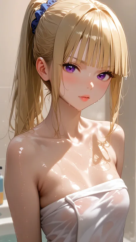 score_9,score_8_up,score_7_up, shiny skin, 1girl, KeiKaruizawa, Kei Karuizawa, bangs, blunt bangs, ponytail hair, violet eyes, blonde hair, blue scrunchie, perfect body, small breast, blush, in bathroom, white towel, full body ,long shot, long hair, wet bo...