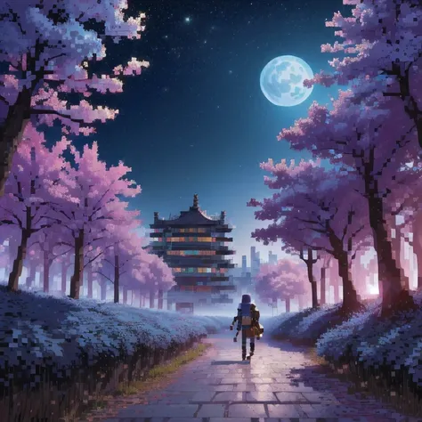 ((紫粉 City : 1.5)), (masterpiece), ( is the best quality: 1.0), ( Ultra High Resolution : 1.0), Detailed illustrations, Detailed Scenery , vibrant colors 紫粉 walking through the city, 8 K, night, Moon Clouds , ((magic, beautiful , Trees: 1.4 )), (( is the be...