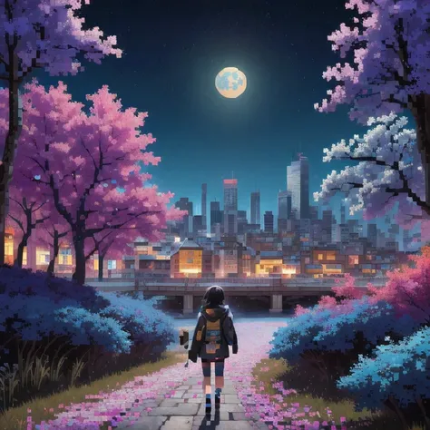 ((紫粉 City : 1.5)), (masterpiece), ( is the best quality: 1.0), ( Ultra High Resolution : 1.0), Detailed illustrations, Detailed Scenery , vibrant colors 紫粉 walking through the city, 8 K, night, Moon Clouds , ((magic, beautiful , Trees: 1.4 )), (( is the be...