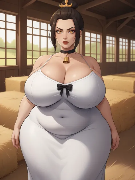 Azula, amber eyes. wavy dark brown hair strands above her shoulders. huge saggy breasts. huge hips. bbw. necklace. choker. bow.  cow dress. farm. bales of hay.