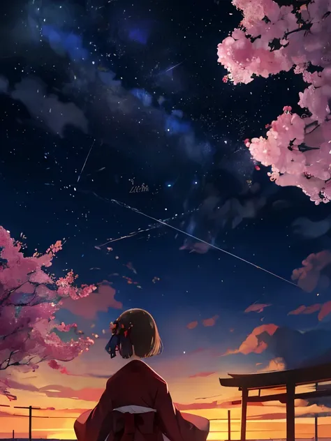    1 girl, distant girl wearing a kimono staring at the star, (zoomed out:1.3), (流star群:1.2), (彗star:1.1), your name, Low Angle,    from behind,    aurora   , 流れstar, Yukata,    red kimono, cherry blossoms, Standing in a field,   best quality, masterpiece,...