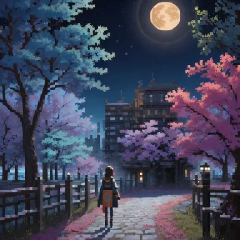 ((紫粉 City : 1.5)), (masterpiece), ( is the best quality: 1.0), ( Ultra High Resolution : 1.0), Detailed illustrations, Detailed Scenery , vibrant colors 紫粉 walking through the city, 8 K, night, Moon Clouds , ((magic, beautiful , Trees: 1.4 )), (( is the be...