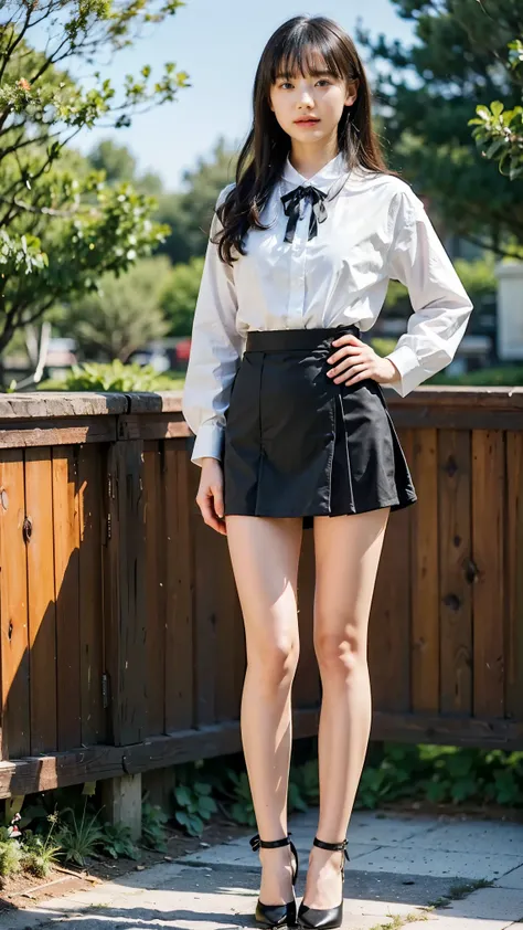 (8k、  RAW photo、 best quality、masterpiece:1.2)、(Realistic、Realistic)、1 person、((Ribbon on chest、  white shirt 、  black tight mini skirt、garden、 bust up、  High Heels Pumps  、whole body、   standing with hands on hips )、cute