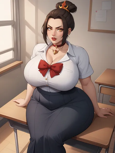 Azula, amber eyes. wavy dark brown hair strands above her shoulders. huge saggy breasts. huge hips. bbw. necklace. choker. bow. school uniform. school class. desk. sitting