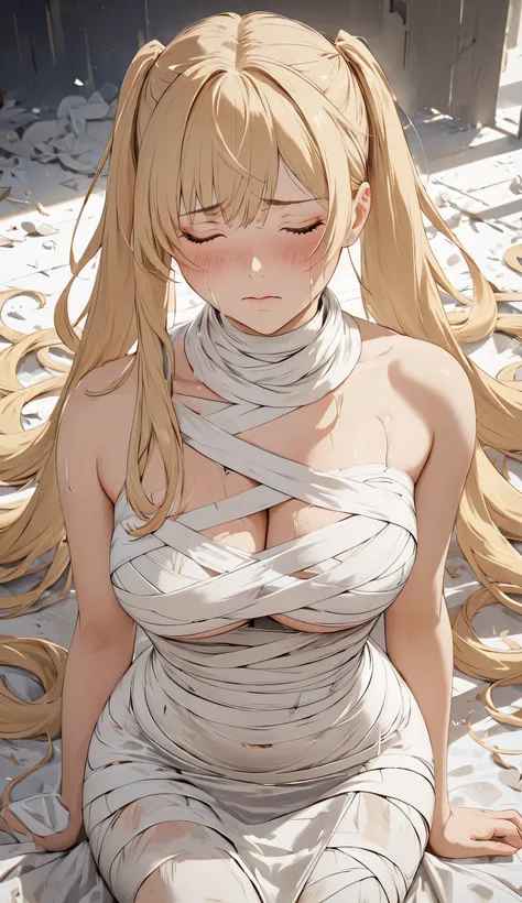 Perfect Mummy , Bandage Dress, Cinematic production, Lifeless eyes, Transparent naked eye ,  The Aesthetic Expression of Silence and Sadness, High Resolution, Accurate, Award Winning, Best Quality, UHD, Blonde Hair, Bangs, Blonde Hair, Bangs, Very Long Hair, Twintails, Breasts, Large breasts, Blush, Closed Eyes, Closed Eyes, Closed Mouth, Makeup, Tearing Up, Cowboy Shot, Depth Of Field, Behance, 