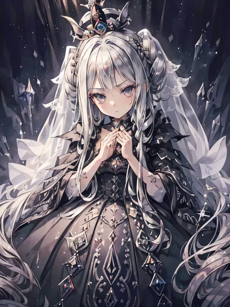 girl,((fluffy silver hair)),((drill curl long hair)),((tied loosely:1.2)),((A jet black crown and a black veil:1.2)),((noble atmosphere)),admiring face,cute,close up of face,(crown background:1.3),((emperor of darkness:1.4)),((Luxurious, dark and gorgeous ...