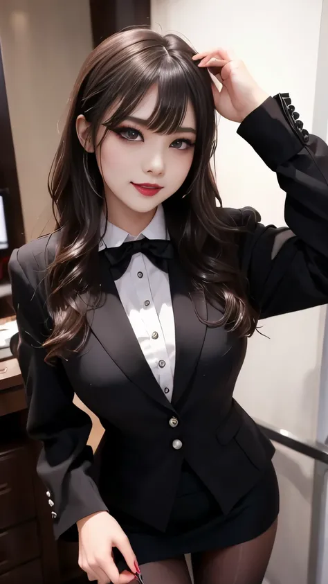 best quality、ultra-detailed、4k、Japanese、Seductive beauty、seductive adult woman、Pretty Woman、cool girl、Villainess、Brainwashed、brainwash、Fallen into evil、smirk、Evil look、Wicked Smile、evil、Brown hair、wavy hair、swept bangs、dark makeup、dark makeup、piercing eyes...