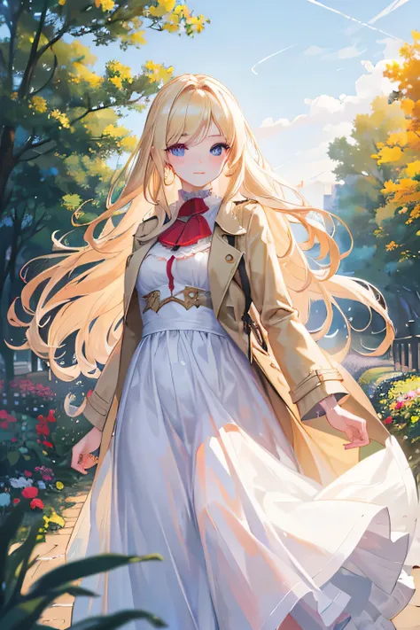 a beautiful young woman with long blonde hair, wearing a red headband, standing alone in a garden under a blue cloudy sky, (best quality,4k,8k,highres,masterpiece:1.2),ultra-detailed,(realistic,photorealistic,photo-realistic:1.37),beautiful detailed eyes,b...