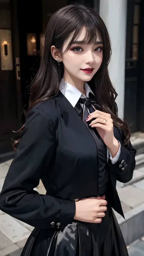best quality、ultra-detailed、4k、Japanese、Seductive beauty、seductive adult woman、Pretty Woman、cool girl、Villainess、Brainwashed、brainwash、Fallen into evil、smirk、Evil look、Wicked Smile、evil、Brown hair、wavy hair、swept bangs、dark makeup、dark makeup、piercing eyes...