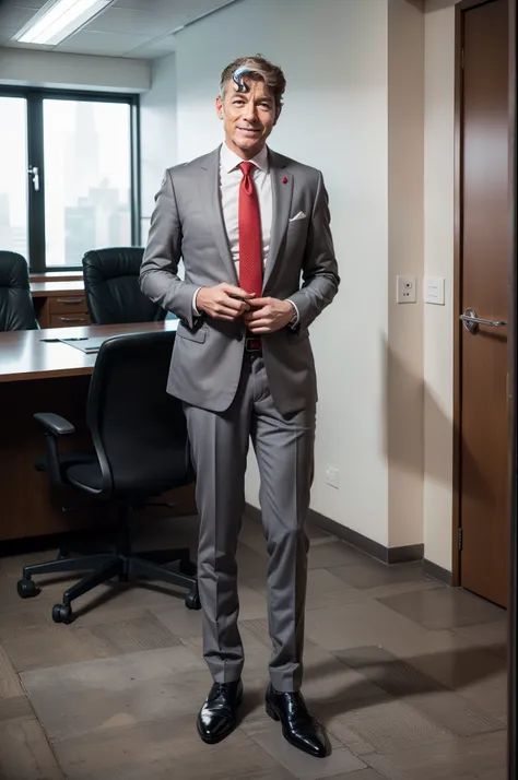 corner office of skyscraper, executive office furniture, standing, smiling, DanteMartin, wearing charcoal gray business suit, white shirt, red tie, charcoal gray jacket, charcoal gray slack dress shoes, ((full body portrait)), wide angle  