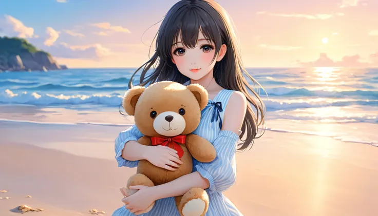  There is a woman holding a teddy bear on the beach,  Cute Realistic Portraits ,  cute anime girl ,  cute girl anime visual, smooth anime cg art, Work in the style of guweiz , portrait of  cute anime girl , Cute portrait,  beautiful anime girl ,  beautiful...