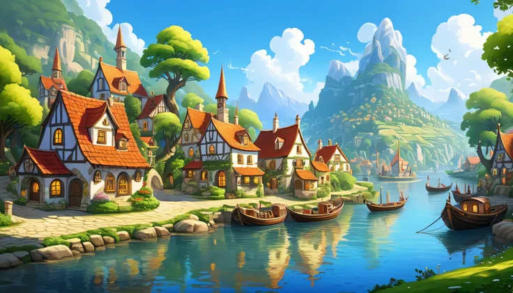 Fantasy painting of a riverside village,  do, Bulbous, Precise nautical details,  Creative character design , Whimsical cartoon style, 32k uhd --ar 2:1