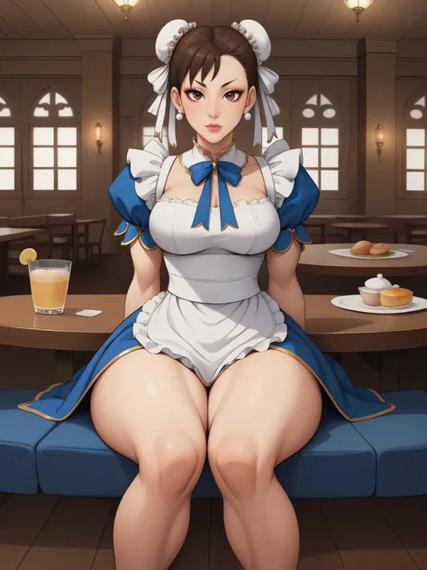 chun-li. brown hair. odango's hairstyle is tied with ribbons.brown eyes. big growth. athletic legs. small saggy breasts. huge, t...