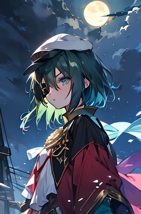 night， moonlight，Above sea level， one girl standing ， green hair， shortcut,Eye patch，hat