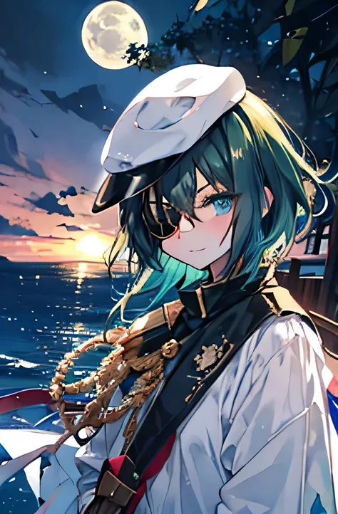 night， moonlight，Above sea level， one girl standing ， green hair， shortcut,Eye patch，hat