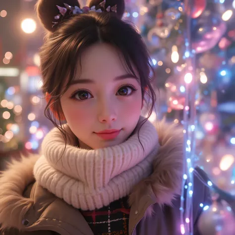 Ultra high resolution, ultra high quality. A stunning 18-year-old Japanese woman with a youthful and kawaii charm, standing in front of a dreamy, beautifully illuminated Christmas show window. The show window is adorned with spectacular Christmas decoratio...