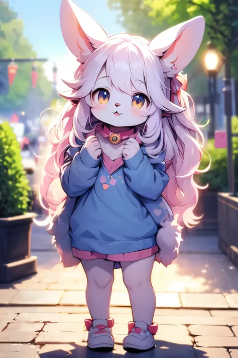 standing anime-style white rabbit,  cute detailed digital art ,  cute digital paint ,  in plain clothes,  long pointed ears ,  cute digital art ,  cute realistic portrait, Cute ears, cute anthropomorphic rabbit , Star collar, Anime High Definition,, Fluffy...