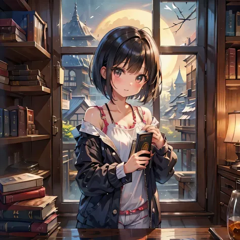 (masterpiece:1.3),(best quality:1.3),(high resolution:1.2),8k, with dark hair bob cut 、Beautiful girl in pajamas、 short cut with black hair and wet hair、Beautiful girl with brown eyes 、Outside the window is on a full moon night 、Inside a room full of books...