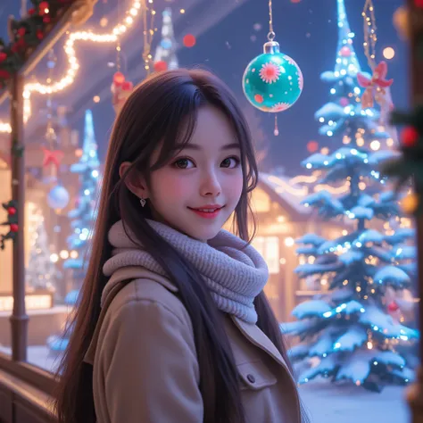 Ultra high resolution, ultra high quality. A stunning 18-year-old Japanese woman with a youthful and kawaii charm, standing in front of a dreamy, beautifully illuminated Christmas show window. The show window is adorned with spectacular Christmas decoratio...