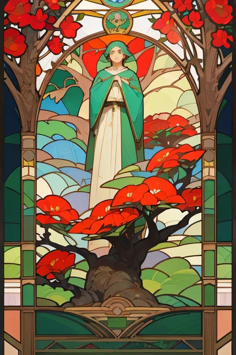  landscape in the Art Nouveau stained glass style with a wide field , green hills in the background ,  a stream that goes to the bottom of the image ,  a hundred-year-old tree with a dense crown and red flowers on the left in the foreground, and a frame of...