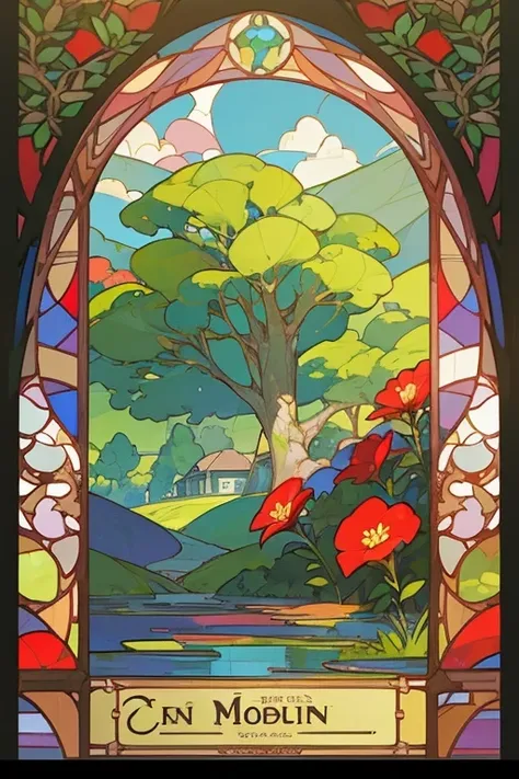  landscape in the Art Nouveau stained glass style with a wide field , green hills in the background ,  a stream that goes to the bottom of the image ,  a hundred-year-old tree with a dense crown and red flowers on the left in the foreground, and a frame of...