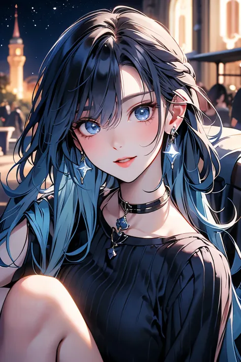 (  26-year-old mature woman  ), ((( Watch 1 female ,Alone))), (  Pale peach skin ), ( Blue blue sapphire hair ), ( long hair in the castle), ( Dull bangs  ), ( Navy blue eyes  ), ( big ), (( A fitted white collared short striped dress.)), (  Starry sky  ),...