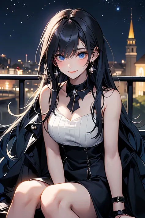 (  26-year-old mature woman  ), ((( Watch 1 female ,Alone))), (  Pale peach skin ), ( Blue blue sapphire hair ), ( Long hair in a castle ), (  dull lighted bangs  ), ( Navy blue eyes  ), ( big ), ((  Her costume is a black neck collar dress ,  A quiet park...