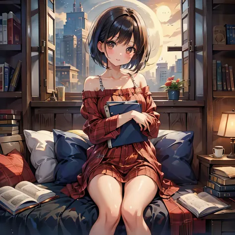 (masterpiece:1.3),(best quality:1.3),(high resolution:1.2),8k, with dark hair bob cut 、Beautiful girl in pajamas、 short cut with black hair and wet hair、Beautiful girl with brown eyes 、Outside the window is on a full moon night 、Inside a room full of books...