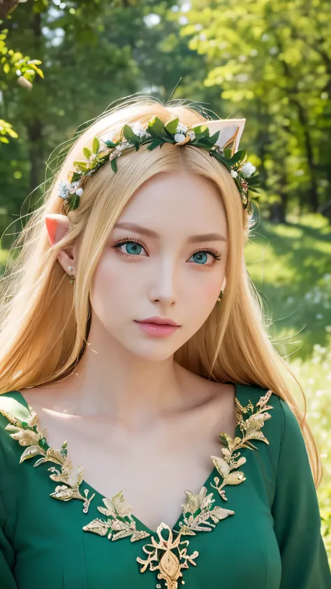  High Quality、Realistically、Radiant Skin、1 European woman 、Blonde、 green eyes、High Elf、(Does not depict the ears and ornaments on the head )、((The ears are long and pointed))、 slender、forest、 medieval European landscape、simple green cotton clothes、Leather ...