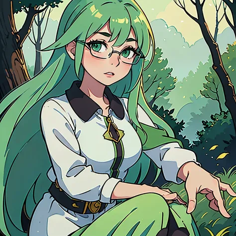 Fairy, woman, 1woman, very beautiful, very cute, green hair, green eyes, green clothes, glasses, wisdom, confident, kindness, tree, forest, alone, 4k, High resolution, best quality