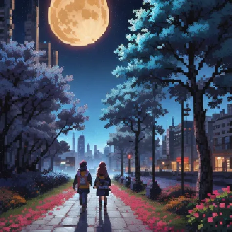 ((紫粉 City : 1.5)), (masterpiece), ( is the best quality: 1.0), ( Ultra High Resolution : 1.0), Detailed illustrations, Detailed Scenery , vibrant colors 紫粉 walking through the city, 8 K, night, Moon Clouds , ((magic, beautiful , Trees: 1.4 )), (( is the be...