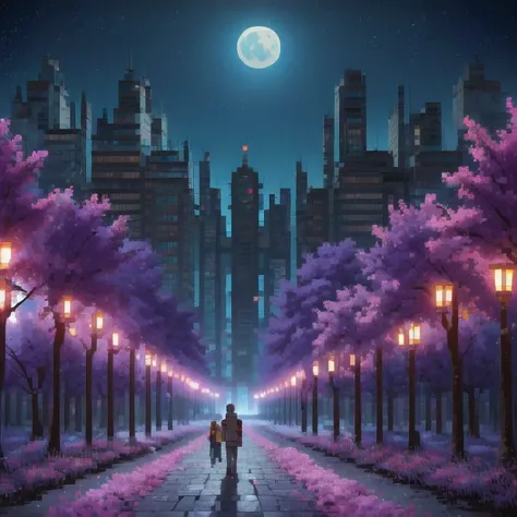 ((紫粉 City : 1.5)), (masterpiece), ( is the best quality: 1.0), ( Ultra High Resolution : 1.0), Detailed illustrations, Detailed Scenery , vibrant colors 紫粉 walking through the city, 8 K, night, Moon Clouds , ((magic, beautiful , Trees: 1.4 )), (( is the be...