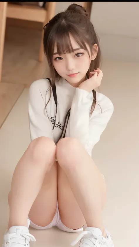 Beautiful girl sitting on the floor with her legs crossed, Chiho, Baby Face,  young cute gravure idol , Yoshitomo Nara,  young gravure idol  ,  cute young woman,  Japanese model,  young sensual gravure idol ,  young skinny gravure idol ,  slender body line...