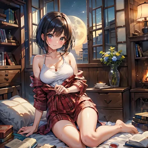 (masterpiece:1.3),(best quality:1.3),(high resolution:1.2),8k, with dark hair bob cut 、Beautiful girl in pajamas、 short cut with black hair and wet hair、Beautiful girl with brown eyes 、Outside the window is on a full moon night 、Inside a room full of books...