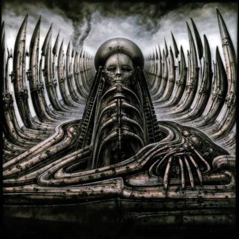 h. r. giger's g1g3r, , giger_style,  create biomechanical landscape by hans rudie giger composed of fossilized and mummified ali...