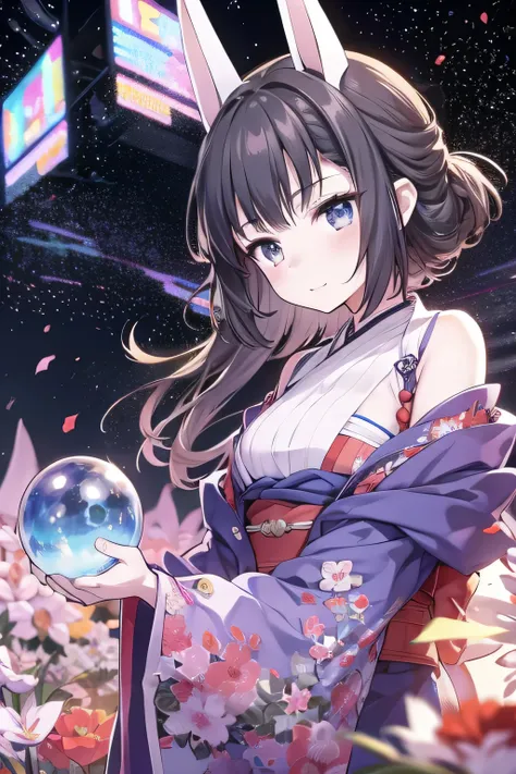  smaller、 one girl ,  long tied brunette hair wearing a festival mask, smile,  blue eyes,Small breasts ,  Viewers, Wearing a yukata, Holding a crystal ball、祭りのお面を頭につける, turn around、firework 、(Mount Fuji summit), (Late Night),Late Night , masterpiece, 8k,  ...