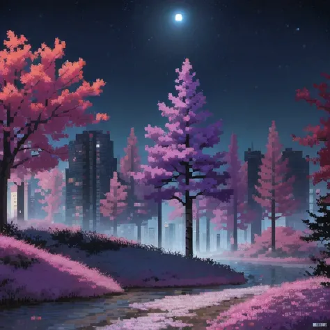 ((紫粉 City : 1.5)), (masterpiece), ( is the best quality: 1.0), ( Ultra High Resolution : 1.0), Detailed illustrations, Detailed Scenery , vibrant colors 紫粉 walking through the city, 8 K, night, Moon Clouds , ((magic, beautiful , Trees: 1.4 )), (( is the be...