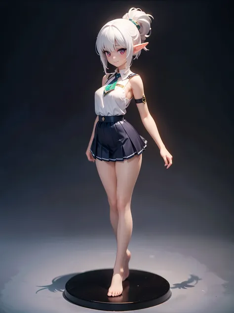 Detail image, realistic image, 1 elf. She has white hair, loose and very long. She has pink eyes. She is wearing a short white dress, pleated mini skirt, thin thong. She is barefoot. Smiling. Medium tits, small waist, wide hips, thick legs. Full body view....