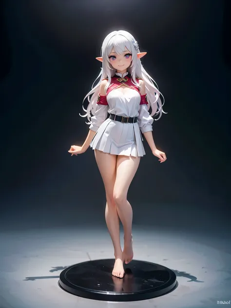 Detail image, realistic image, 1 elf. She has white hair, loose and very long. She has pink eyes. She is wearing a short white dress, pleated mini skirt, thin thong. She is barefoot. Smiling. Medium tits, small waist, wide hips, thick legs. Full body view....