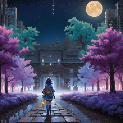 ((紫粉 City : 1.5)), (masterpiece), ( is the best quality: 1.0), ( Ultra High Resolution : 1.0), Detailed illustrations, Detailed Scenery , vibrant colors 紫粉 walking through the city, 8 K, night, Moon Clouds , ((magic, beautiful , Trees: 1.4 )), (( is the be...